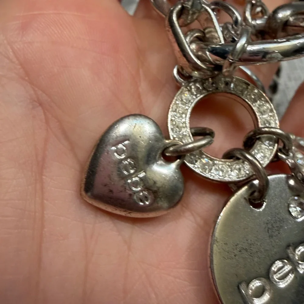Y2K Mcbling Bebe Silver Tone Double Chain Charm Bracelet Heart Logo Rhinestone